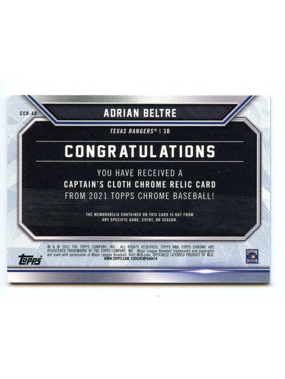 2021 Topps Chrome Captain's Cloth Relics Adrian Beltre GU Jersey 13/25 HOF